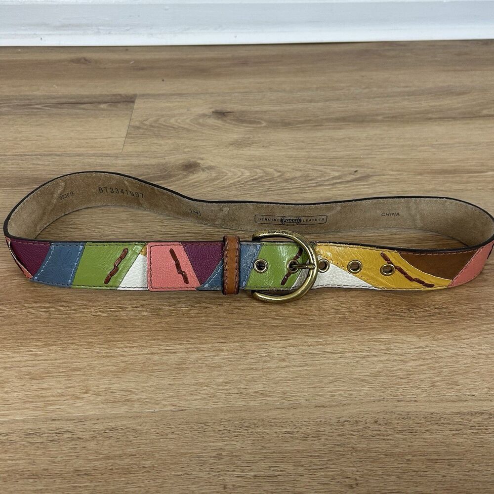 Y2K Fossil Women Patchwork Leather Belt MultiColor Embossed Skin Brass Buckle M